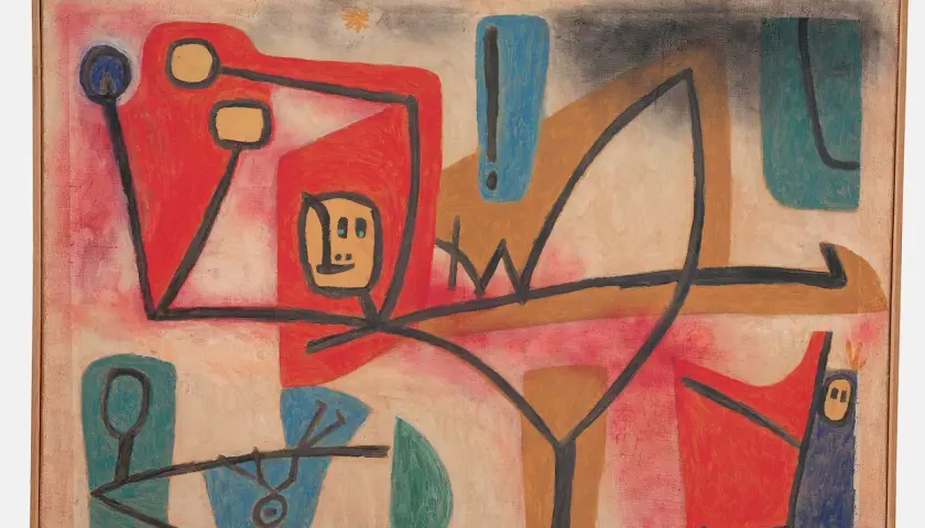 Tableau abstrait de Paul Klee avec des formes géométriques et des personnages stylisés, aux couleurs vives et contrastées.