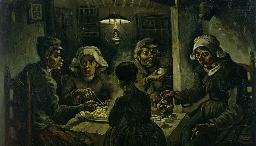 Les Mangeurs de pommes de terre, une œuvre emblématique du courant artistique de Van Gogh, dépeint une famille paysanne partageant un repas humble sous la lumière d'une lampe.
