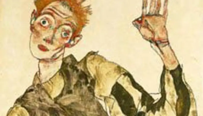 Autoportrait d'Egon Schiele, visage expressif, main levée, style expressionniste.