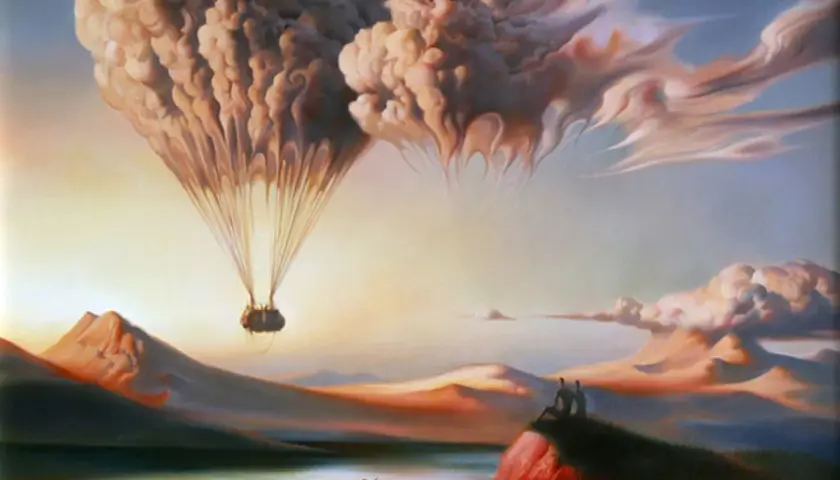 Un ballon en forme de cœur, nuageux, s'élève au-dessus d'un paysage onirique. Deux silhouettes contemplent l'horizon dans cet art surréaliste.