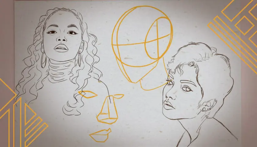 Une étude de portrait au trait, montrant trois visages esquissés et une tête géométrique.