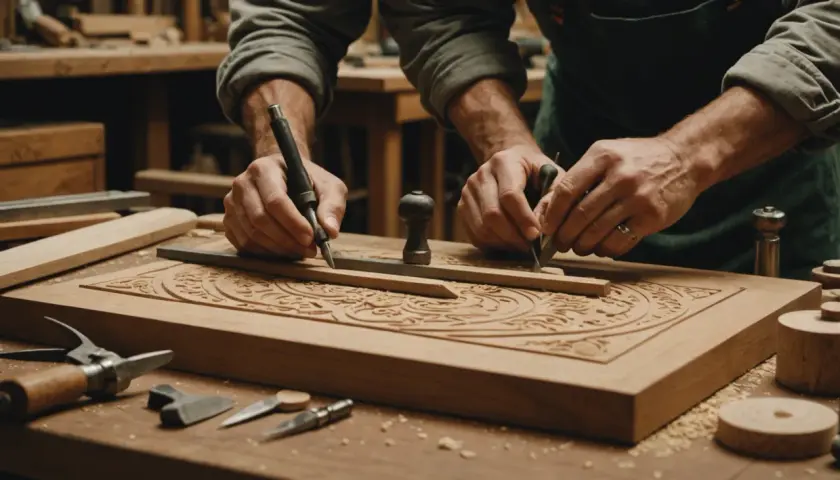 Artisan sculptant un motif complexe sur du bois, un savoir-faire qui voyage aux quatre coins du monde.