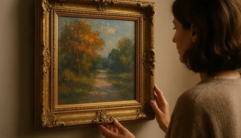 Une femme ajuste un tableau représentant un chemin forestier automnal, son cadre doré orné ajoutant une touche d'élégance.