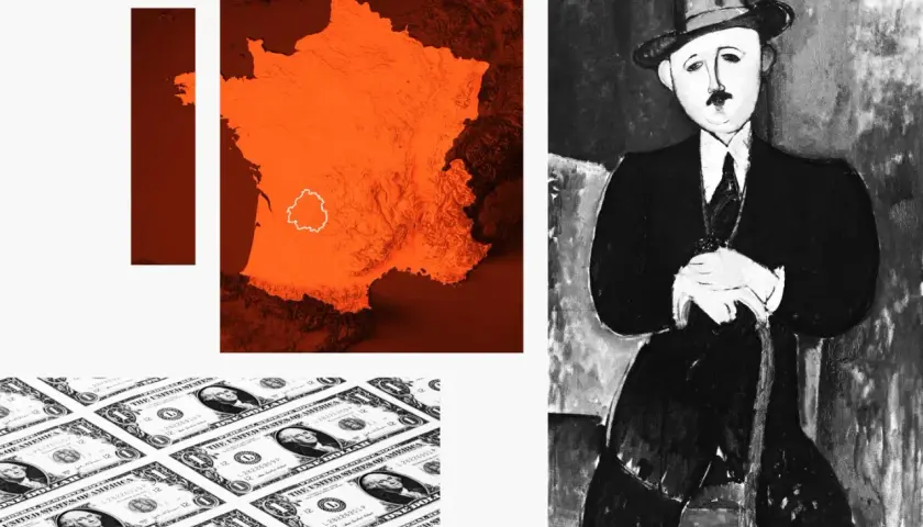 Portrait de Modigliani en noir et blanc, à côté d'une carte de France orange et de billets de dollars.