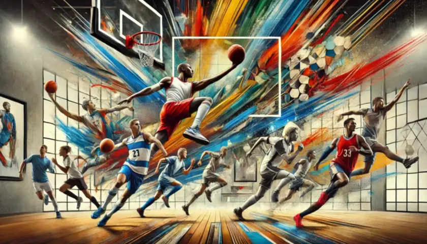L'art des sports en mouvement : des joueurs de basket-ball s'affrontent dans une explosion de couleurs vives, capturant l'énergie et la passion du jeu.