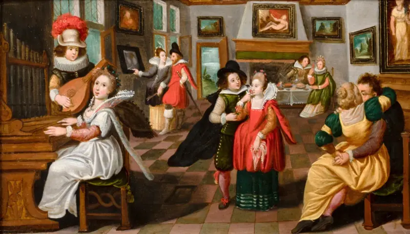 Scène de genre : une femme joue de l'orgue, un homme la regarde, d'autres personnages vaquent à leurs occupations dans une pièce animée.