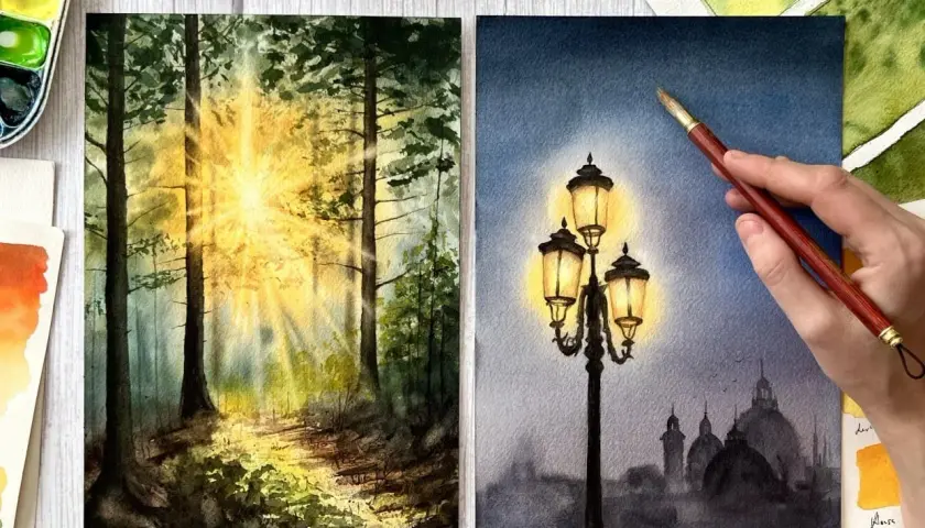 Découvrez la magie de l'aquarelle : une forêt baignée de soleil et un lampadaire illuminant une ville brumeuse.