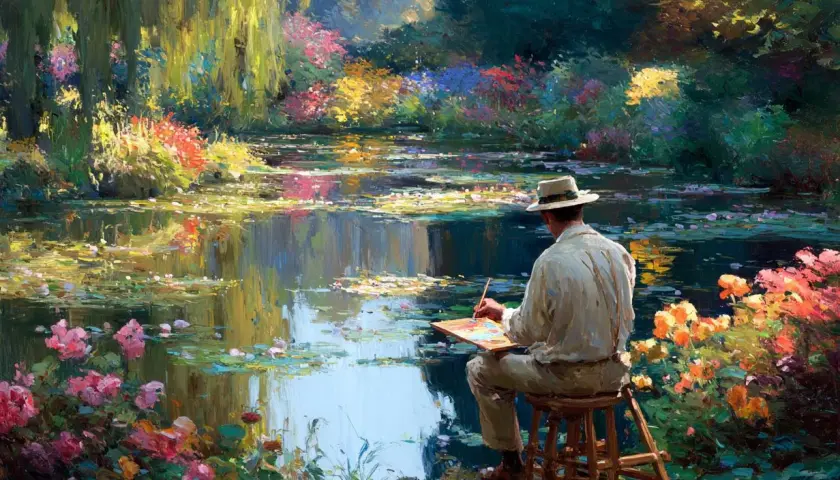 Un artiste, dans un jardin luxuriant, capture l'essence de l'impressionnisme Monet au bord de l'eau.