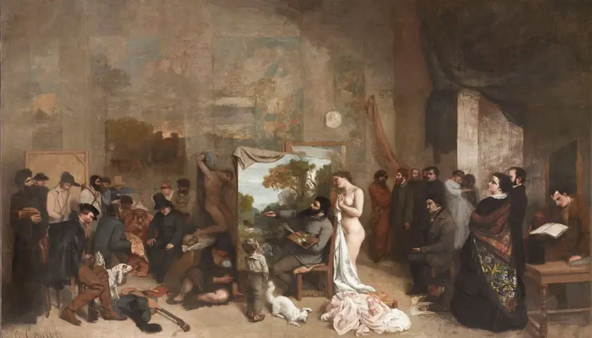 L'atelier de Gustave Courbet, une scène animée avec un peintre, un modèle nu, des spectateurs et des animaux.