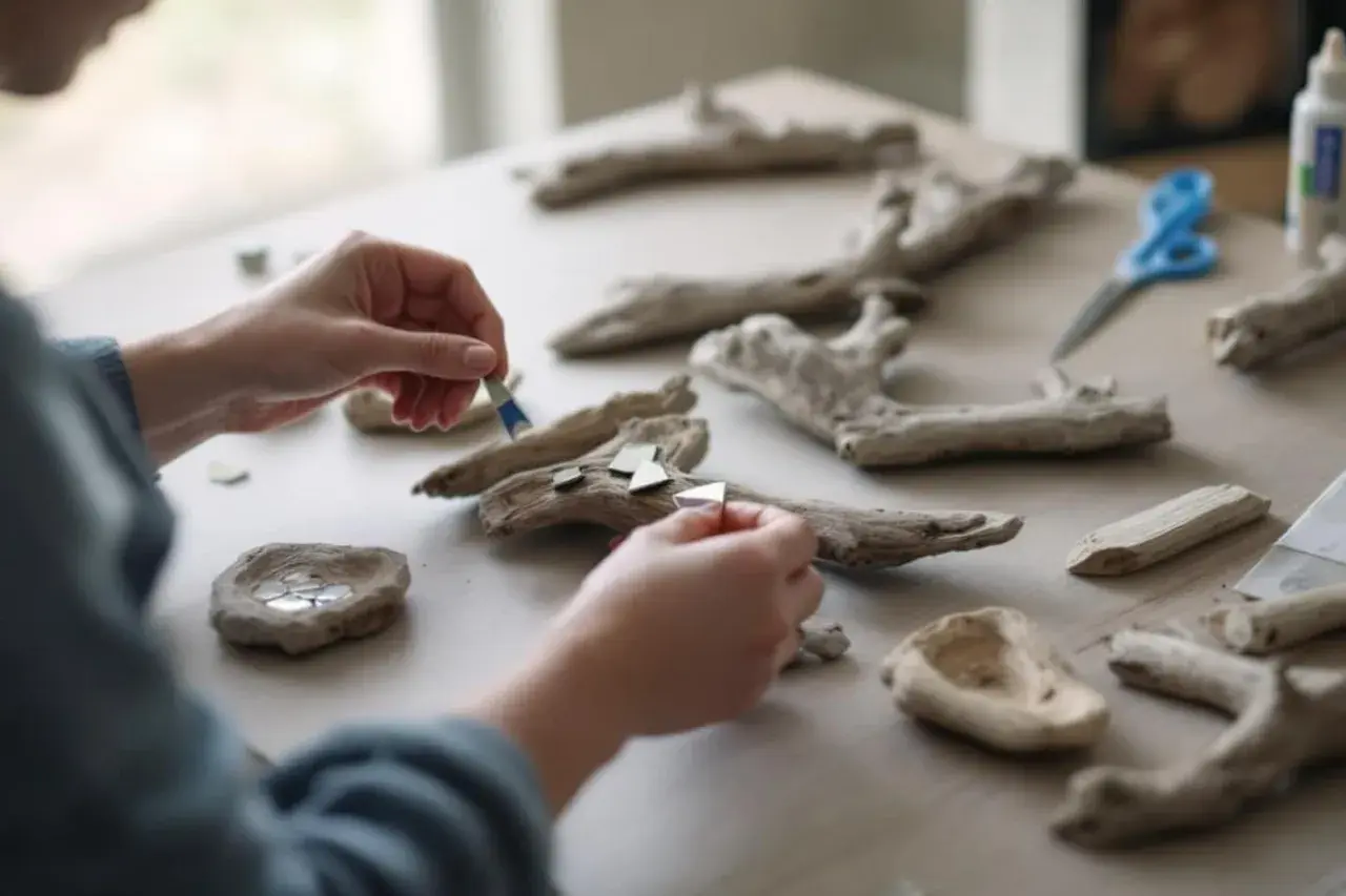 Mains créatives assemblant des morceaux de bois flotté et des miroirs pour une œuvre d'art maison.