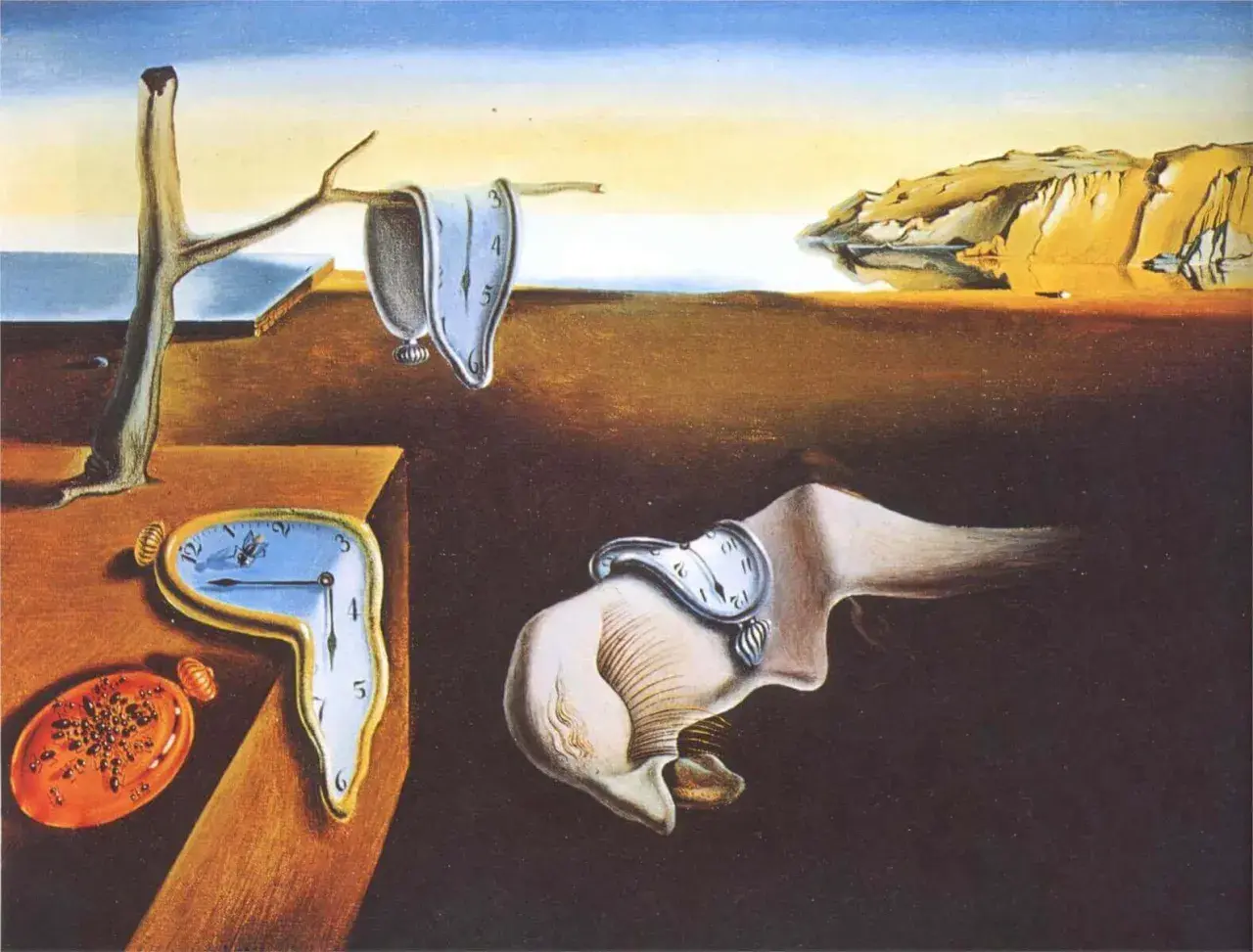 Dally peintre et ses montres molles, symboles du temps qui s'écoule dans un paysage surréaliste.