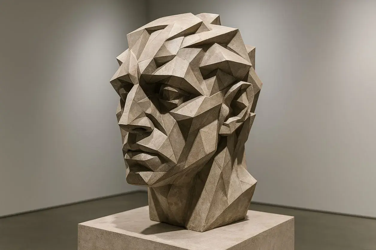 Sculpture d'une tête aux formes géométriques, le regard intense et pensif. Une œuvre d'art qui captive par son style unique.