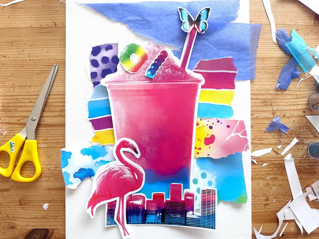 Collage pop art vibrant : un grand gobelet rose de granité, un flamant rose, un papillon et une ville.