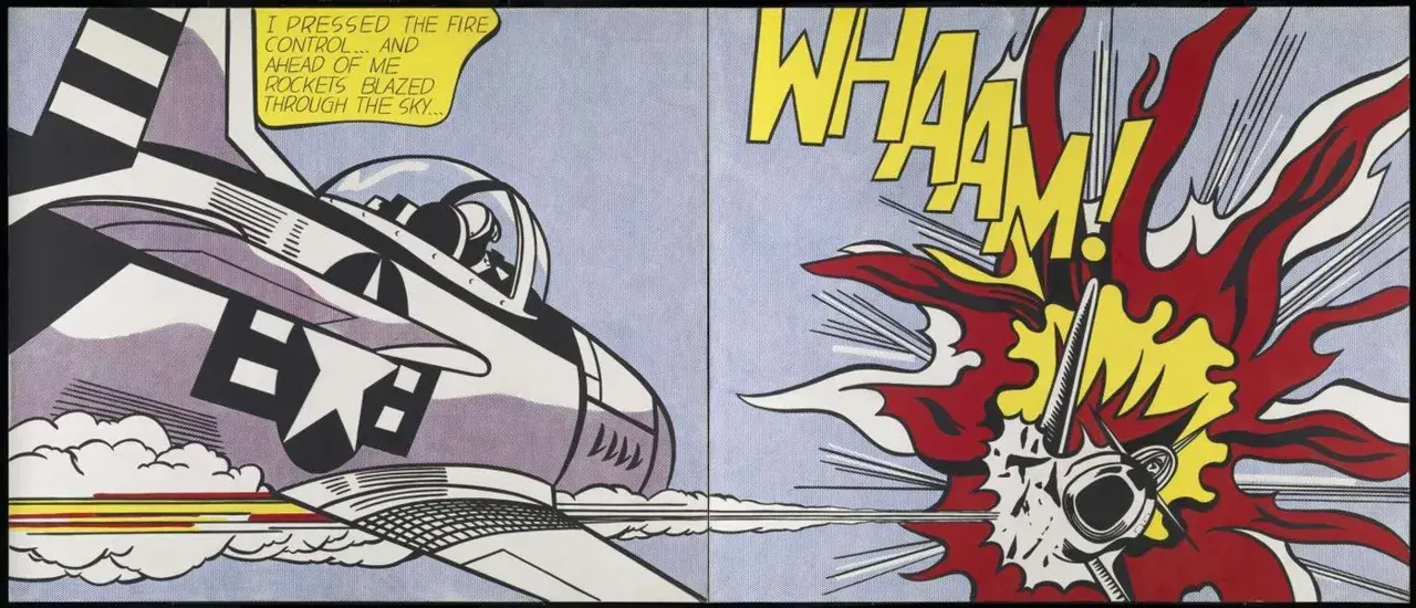 Un avion de chasse tire des roquettes, une explosion retentit. La **roy lichtenstein technique** imite les comics avec des points Ben-Day.