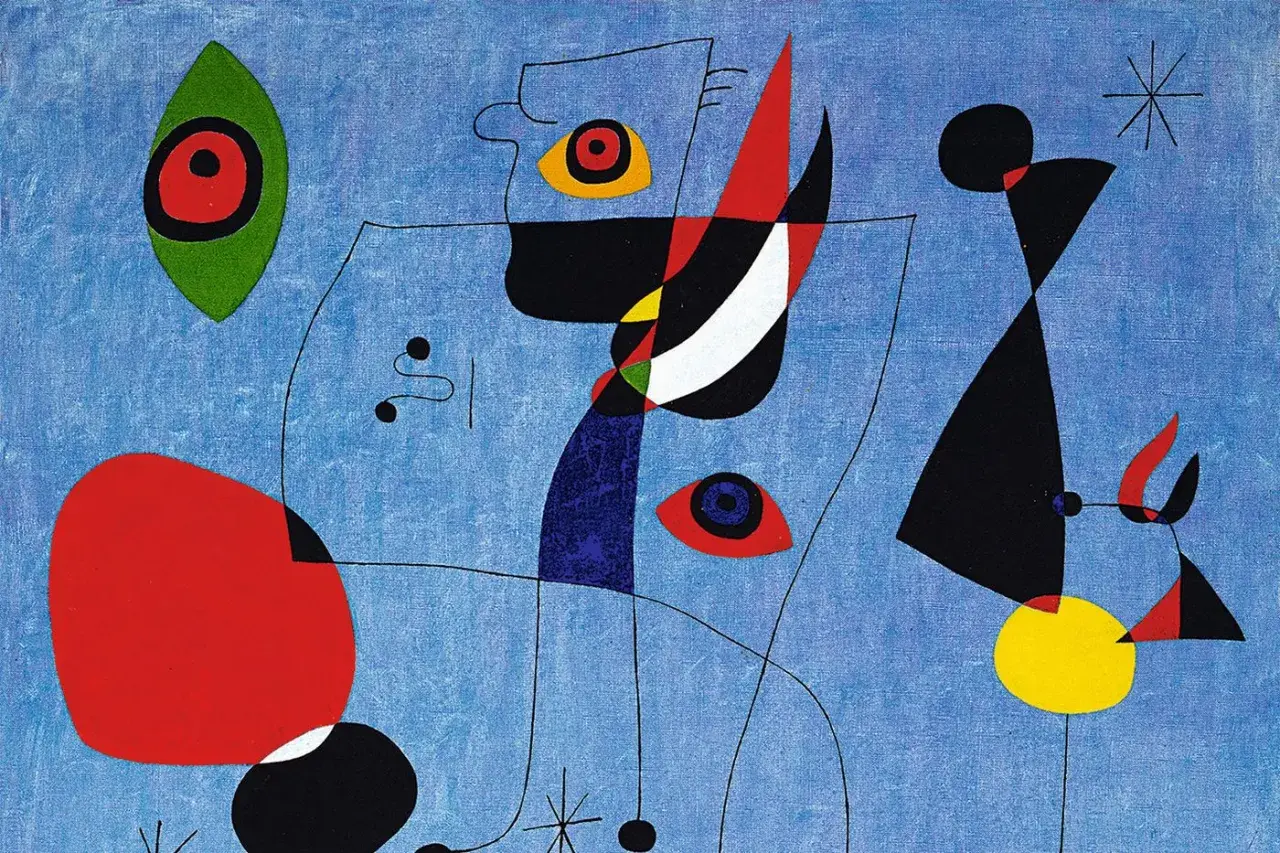 Œuvre de l'artiste Miro, un tableau abstrait bleu vif avec des formes géométriques et des yeux stylisés.