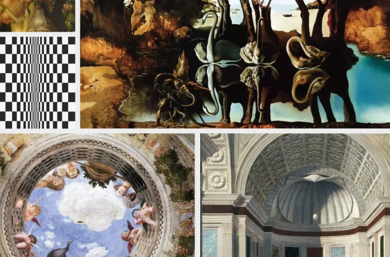 Collage d'oeuvres d'art : éléphants surréalistes, damier optique, anges célestes et architecture classique. Une oeuvre d'art tristesse émane de la scène surréaliste.