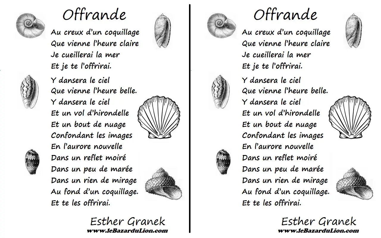 Poésie "Offrande" d'Esther Granek, avec des illustrations de coquillages. Une belle offrande poétique.