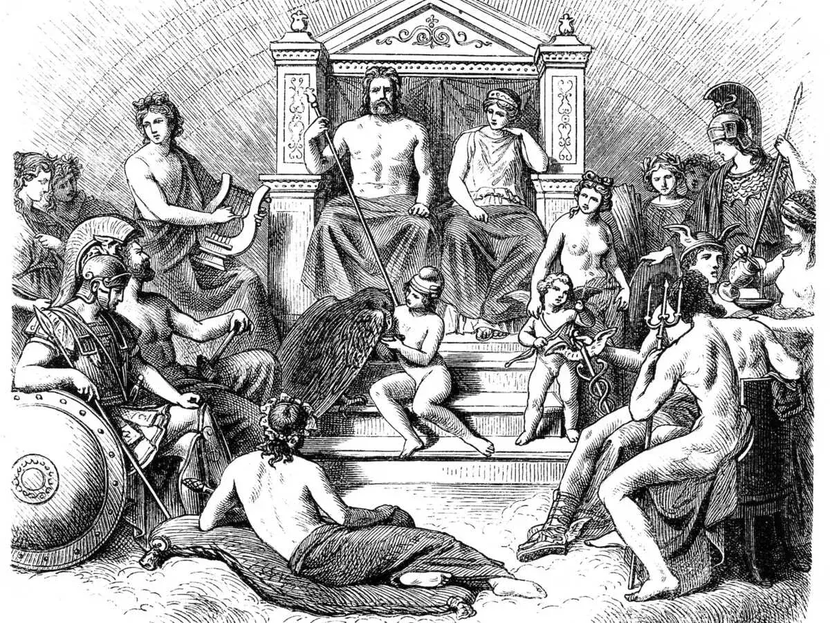 Scène mythologique : Zeus et Héra sur un trône, entourés de dieux et de figures, évoquant l'ouverture de la boite de Pandore.