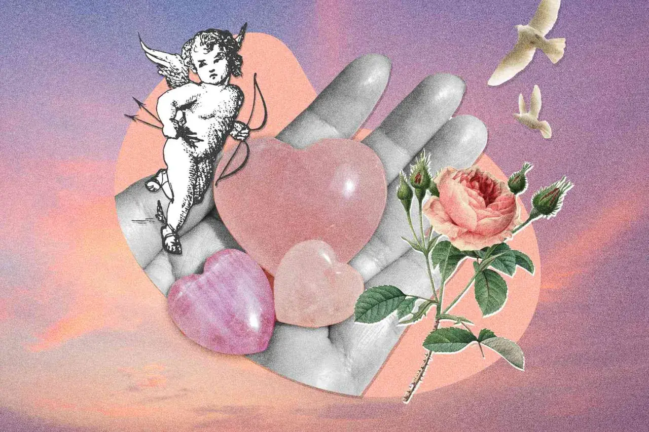 Une peinture d'amour et de passion : une main tenant des cœurs, un cupidon, une rose et des oiseaux dans un ciel pastel.