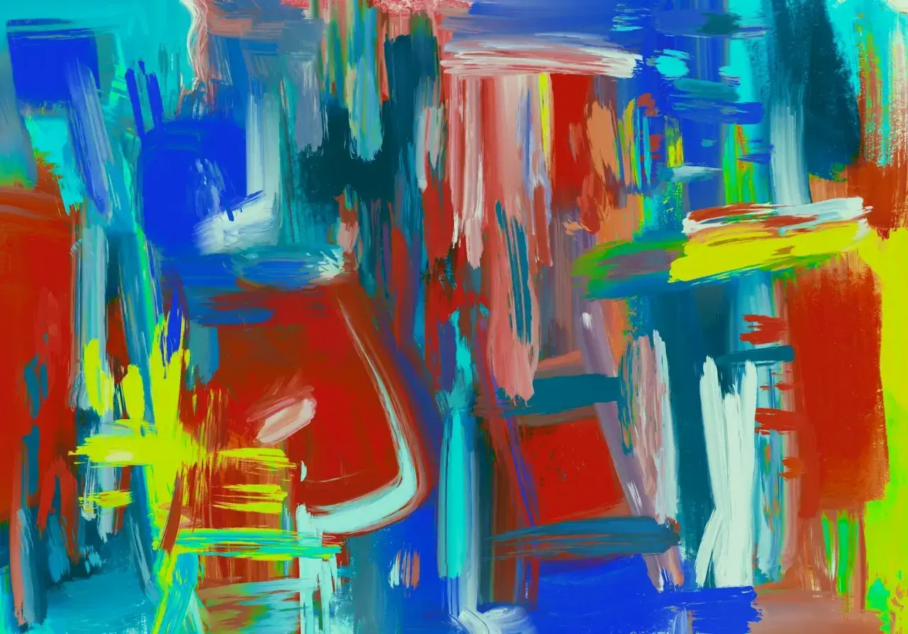 Une explosion de couleurs vives, une **abstraction def** qui évoque l'énergie et le mouvement. Des touches de rouge, bleu, jaune et vert se mélangent.