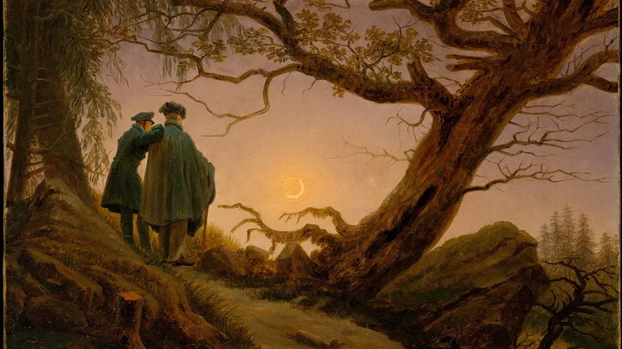 Friedrich peinture : deux hommes contemplent un croissant de lune au-dessus d'un paysage boisé, sous un grand chêne.