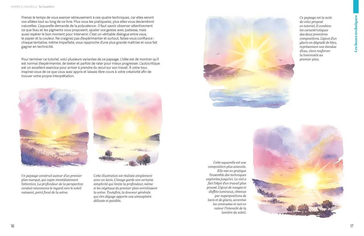 Aquarelles de paysages lumineux, où l'on peut peindre la nature avec des couchers de soleil éclatants et des ciels colorés.