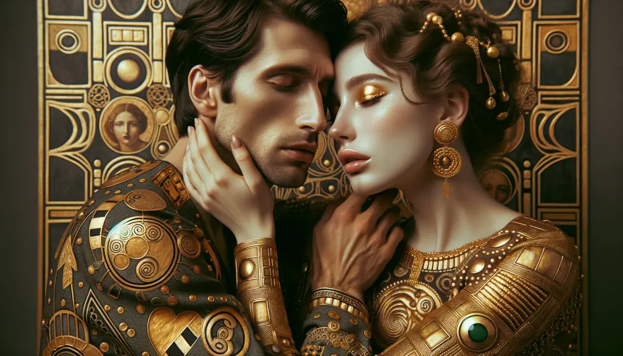 Un tableau représentant l'amour, un couple aux vêtements ornés d'or, leurs visages se rapprochant dans une étreinte tendre.