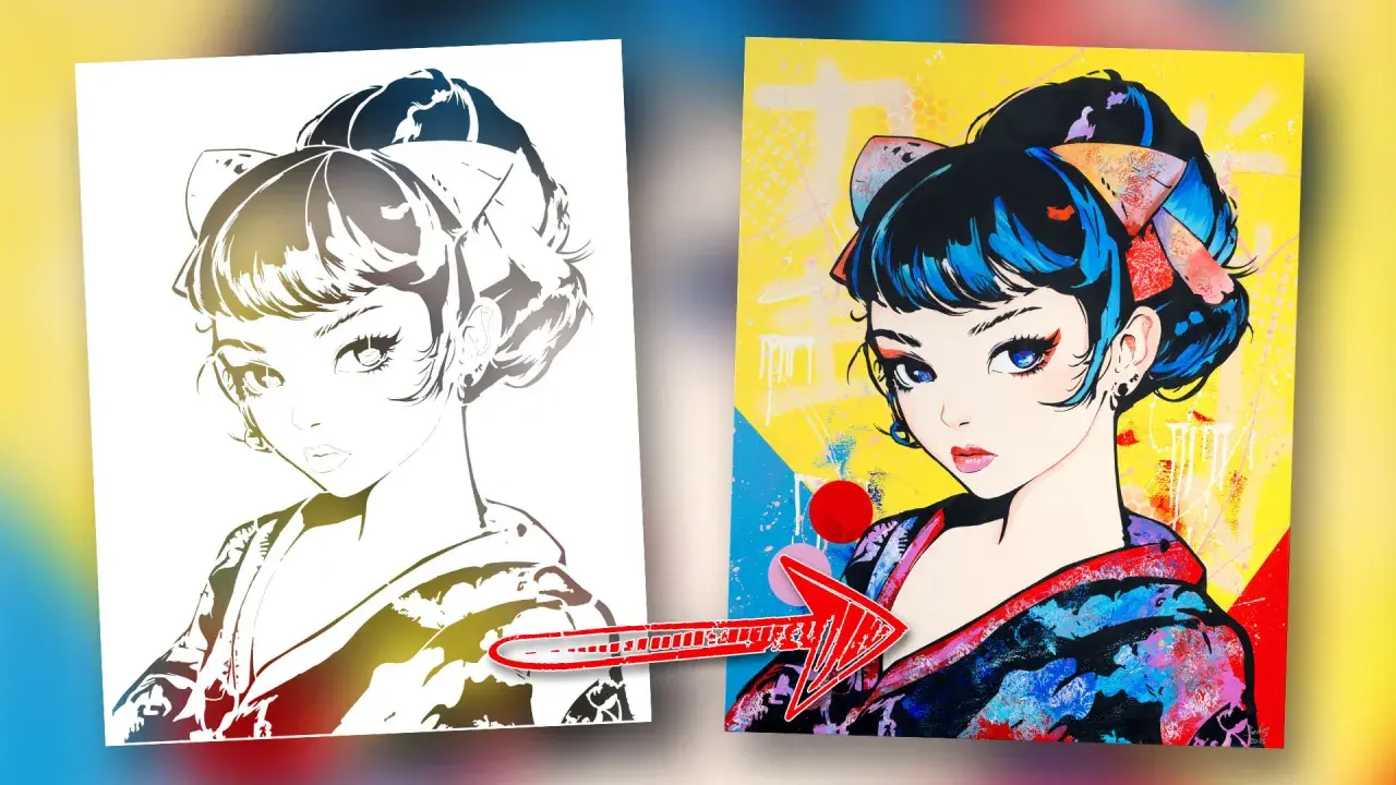 Une esquisse en noir et blanc d'une jeune femme se transforme en une vibrante peinture japonaise, pleine de couleurs vives et de détails expressifs.
