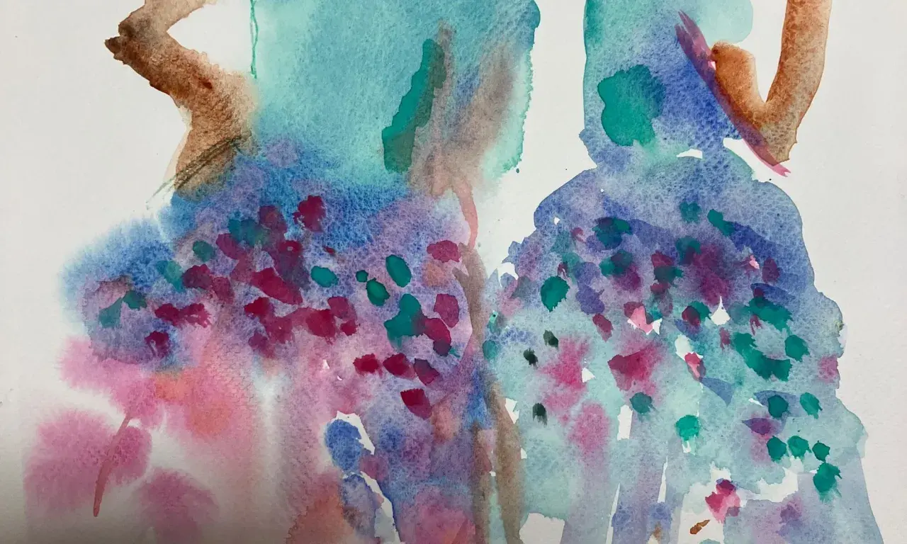 Composition aquarelle abstraite aux teintes bleues, violettes et roses, évoquant des fleurs ou des baies.