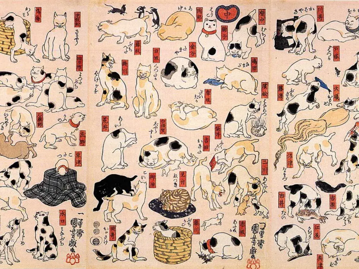 Une célèbre peinture japonaise de chats, montrant une multitude de félins dans diverses poses et activités.