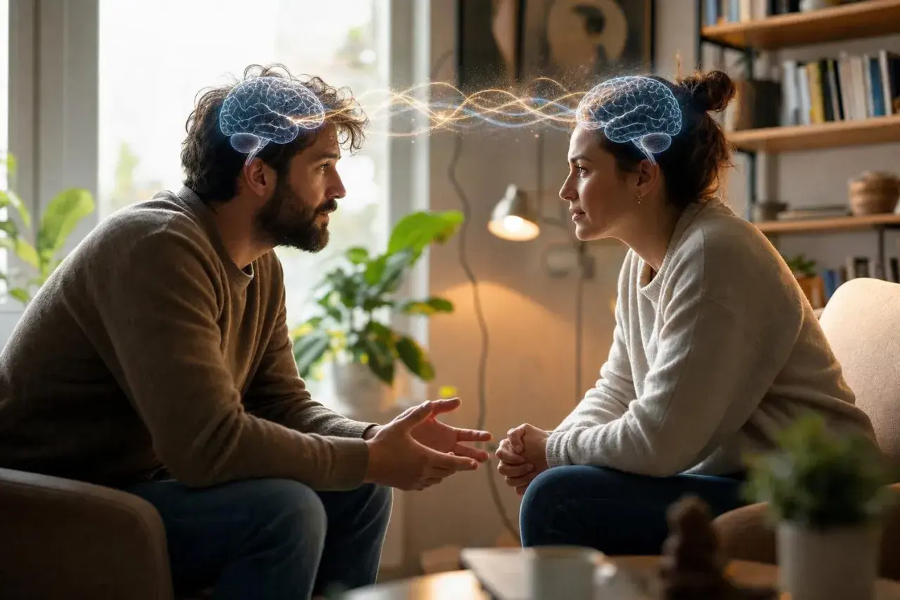 Un homme et une femme échangent des idées, leurs cerveaux illuminés par des ondes lumineuses, symbolisant une connexion profonde et une longueur d'onde d'expression partagée.