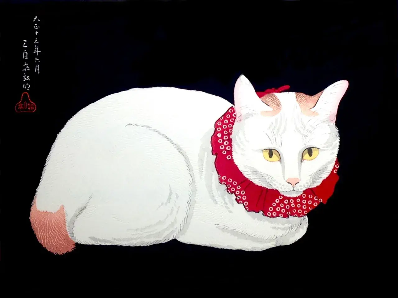 Un chat blanc aux yeux jaunes, paré d'un collier rouge orné de cercles blancs, est une œuvre d'art captivante. Ce tableau de chats dans l'art, aux teintes vives sur fond noir, évoque une présence élégante.