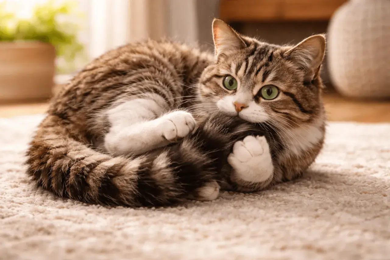 Un chat tigré aux yeux verts, enroulé sur un tapis, semble jouer avec sa queue, une scène qui évoque l'expression "le chat qui se mord la queue".