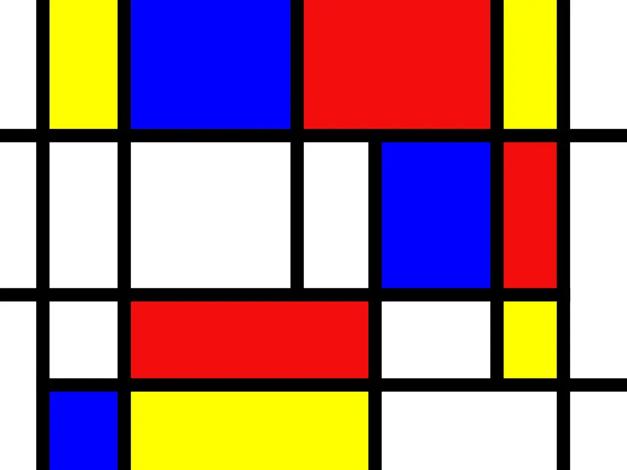 Une composition abstraite typique d'une **Mondrian peinture**, avec des lignes noires épaisses délimitant des rectangles de couleurs primaires (rouge, bleu, jaune) et des espaces blancs.