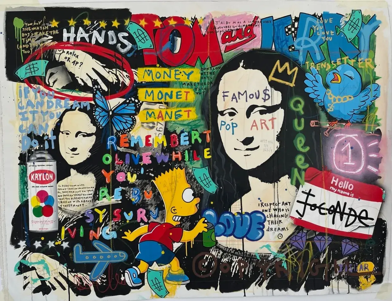 Œuvre pop art inspirée de Roy Lichtenstein, avec Mona Lisa, Bart Simpson, un oiseau et des messages sur l'argent et le rêve.