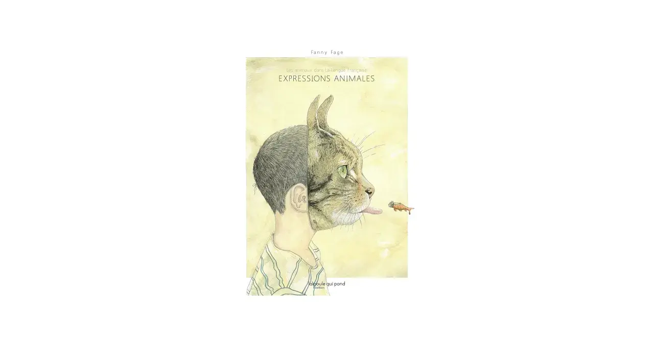 Illustration d'un visage mi-humain, mi-félin, avec une carotte au loin. Le titre "Expressions animales" suggère 20 expressions françaises avec des animaux.