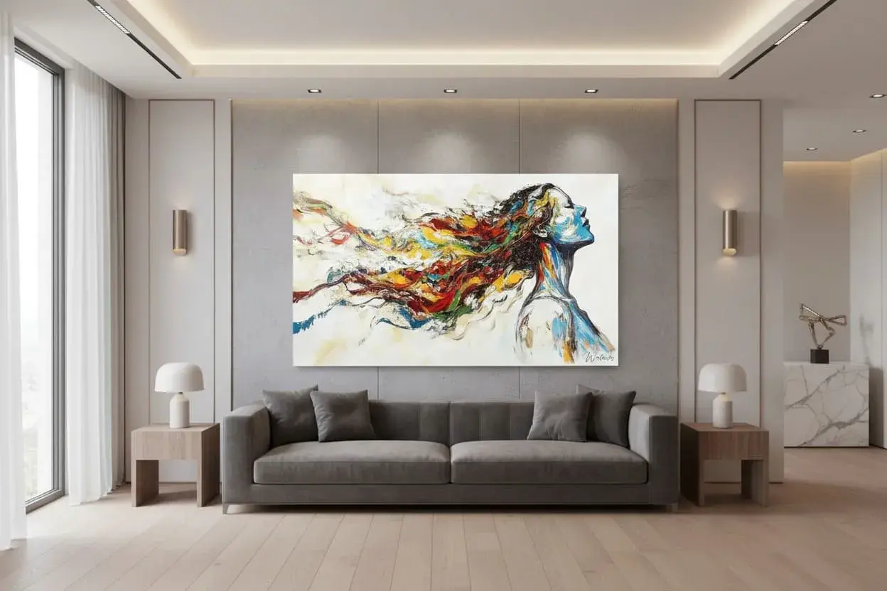 Tableau abstrait d'une femme à la chevelure multicolore, une inspiration pour comment faire un tableau original.