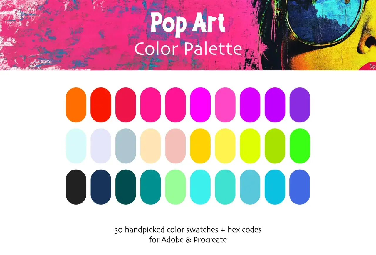 Palette de couleurs vibrantes inspirées du pop art, avec des teintes vives et audacieuses pour des créations éclatantes.