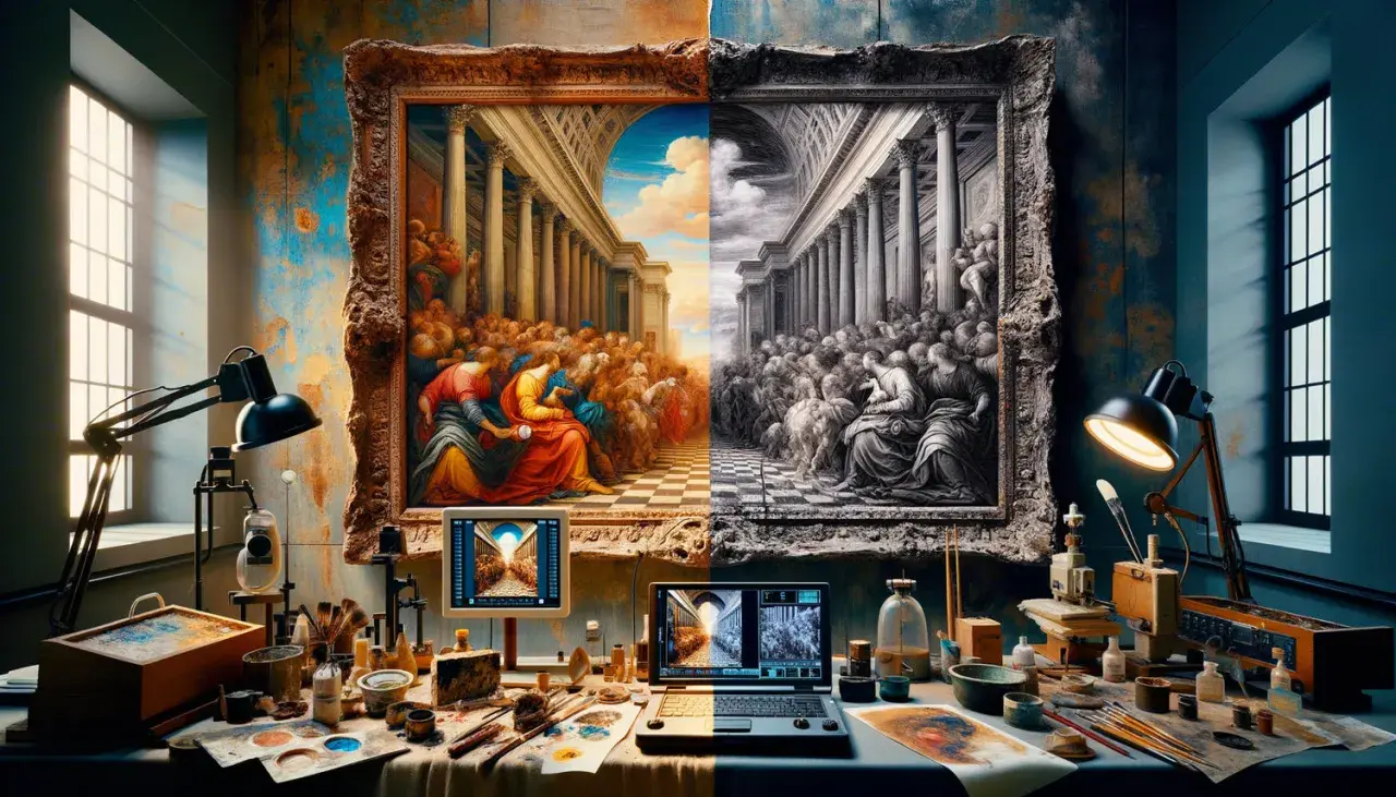 Un atelier d'artiste avec une œuvre divisée, symbolisant le repentir en peinture. La moitié gauche est colorée, la droite en noir et blanc.