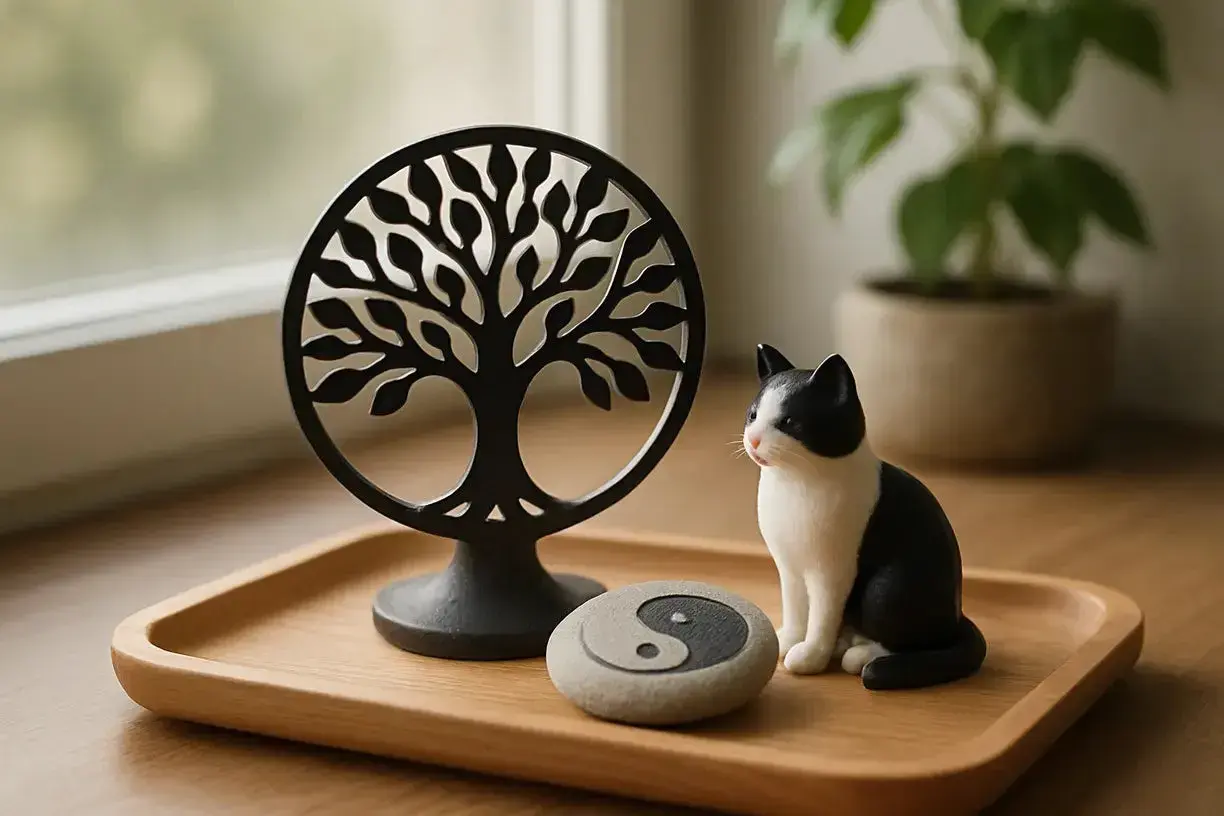 Un petit chat noir et blanc, tel un peintre contemplatif, observe un arbre de vie et un yin yang sur un plateau en bois.