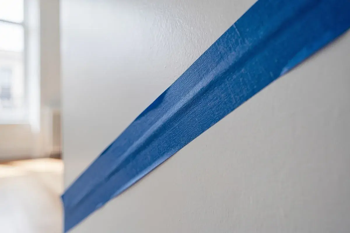 Bande bleue sur mur blanc, créant un contour de lettre stylisé pour un projet de peinture.