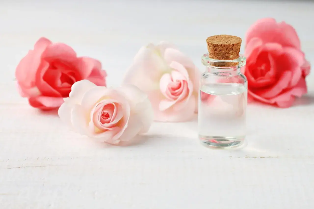 Un flacon de verre bouché de liège contient un liquide clair, entouré de roses roses et pâles. L'expression de l'eau de rose évoque la douceur et la pureté.