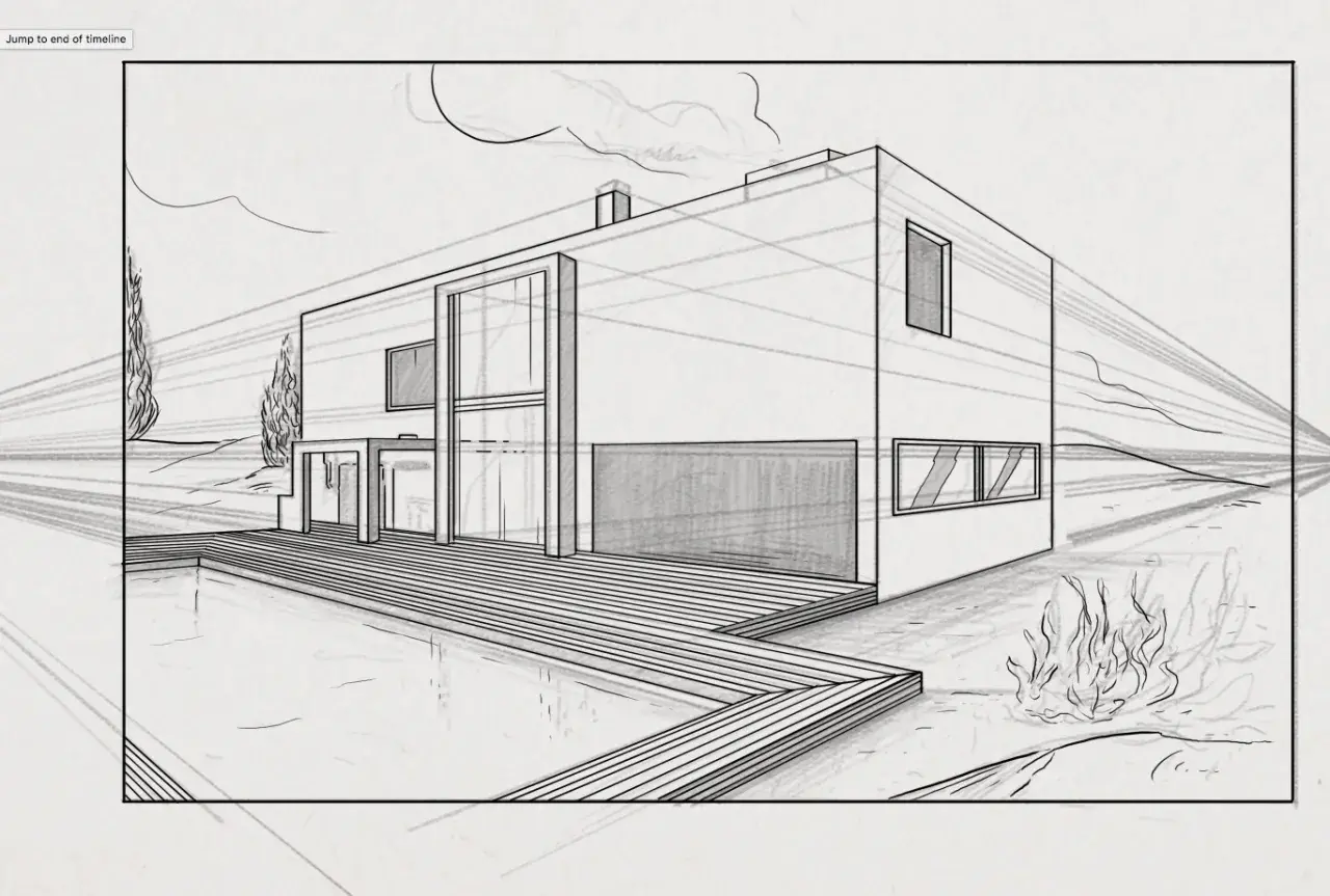 Dessin d'une maison moderne avec piscine, vu en perspective. Les lignes de fuite accentuent la profondeur.