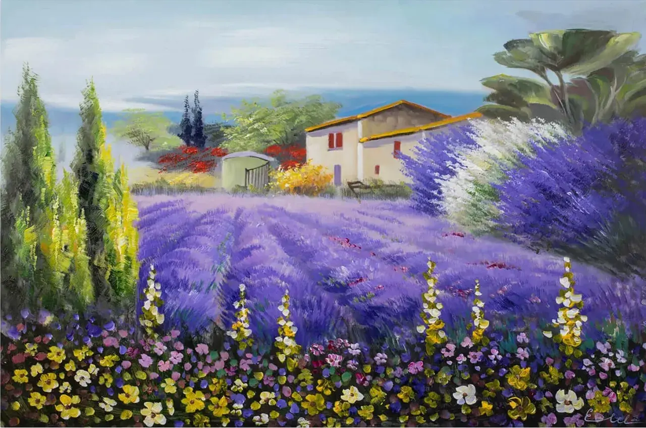 Peinture d'un paysage provençal avec une maison, des champs de lavande violets et des fleurs colorées au premier plan.