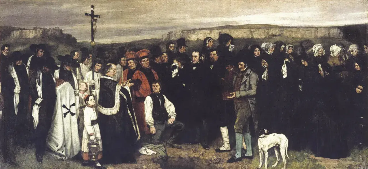 Une peinture réaliste connue dépeint une foule en deuil, un prêtre, un enfant portant une lanterne et un chien, sous un ciel sombre.