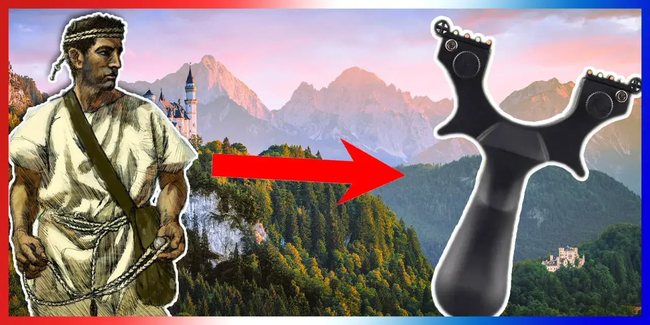 Un homme préhistorique, prêt à jeter la pierre, évolue vers une fronde moderne devant un paysage montagneux et des châteaux.