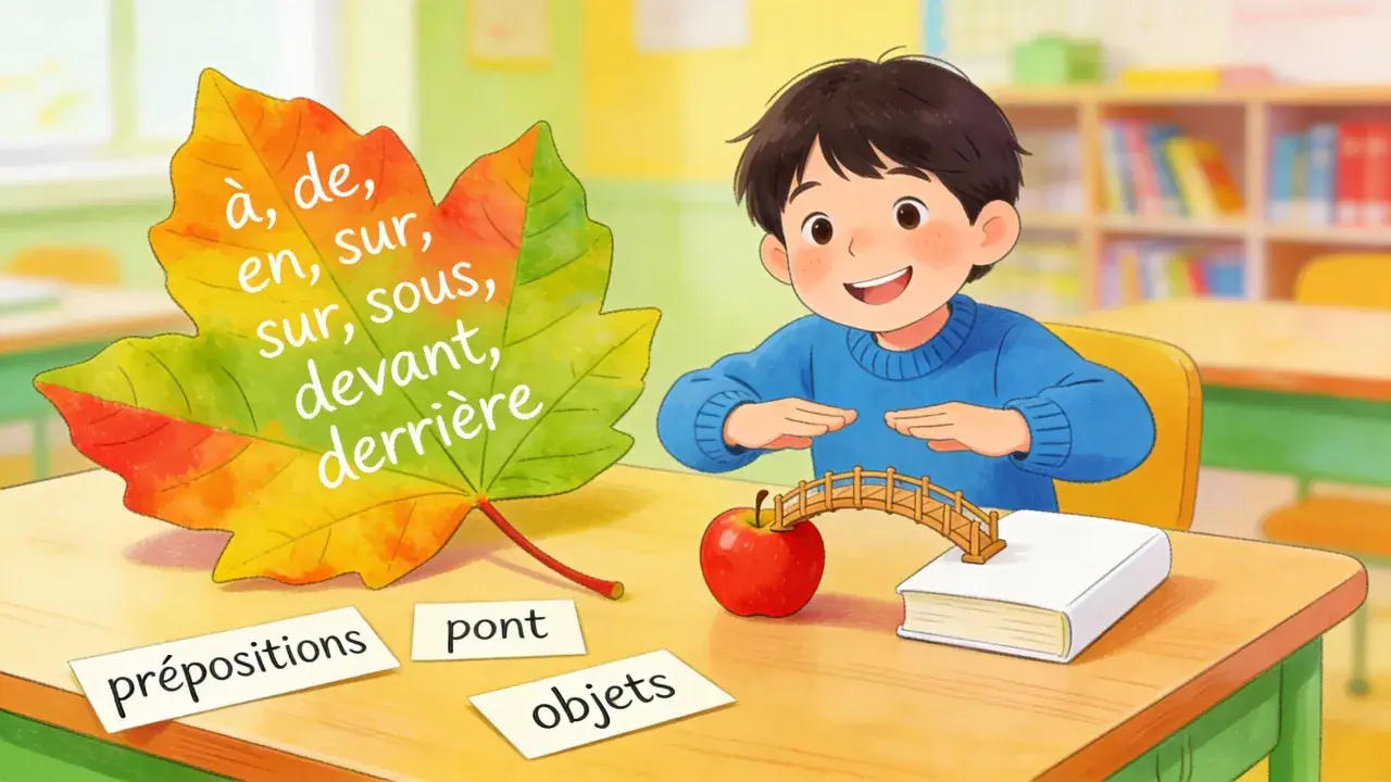 Un garçon apprend les prépositions avec une feuille d'automne. Il utilise un pont pour relier une pomme et un livre, illustrant l'expression avec sac.