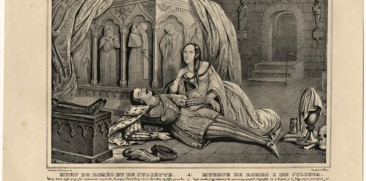 Peinture sur la mort : Juliette veille sur Roméo endormi dans un tombeau, une scène tragique de leur histoire.