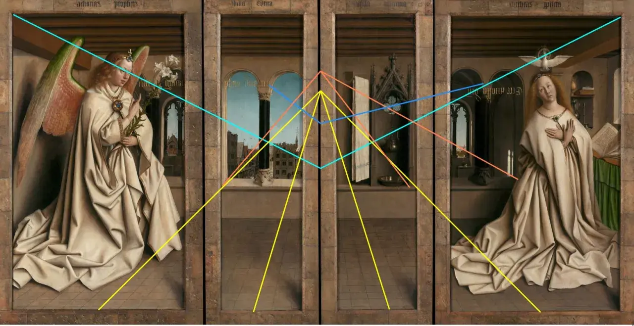 L'Annonciation, une oeuvre d'art lumière, montre l'archange Gabriel et la Vierge Marie dans des scènes architecturales, avec des lignes de perspective colorées.