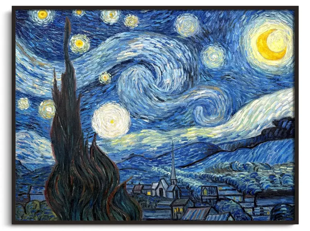 La nuit étoilée de Van Gogh, un chef-d'œuvre aux caractéristiques impressionnistes, dépeint un ciel tourbillonnant et lumineux au-dessus d'un village paisible.